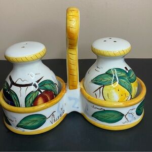 Bella Casa by Ganz Valerio Salt Pepper Shaker Caddie Base Yellow 3 piece set